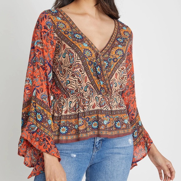 FREE PEOPLE ROSALIE WRAP BOHO TOP RUFFLED SLEEVES - Picture 2 of 9